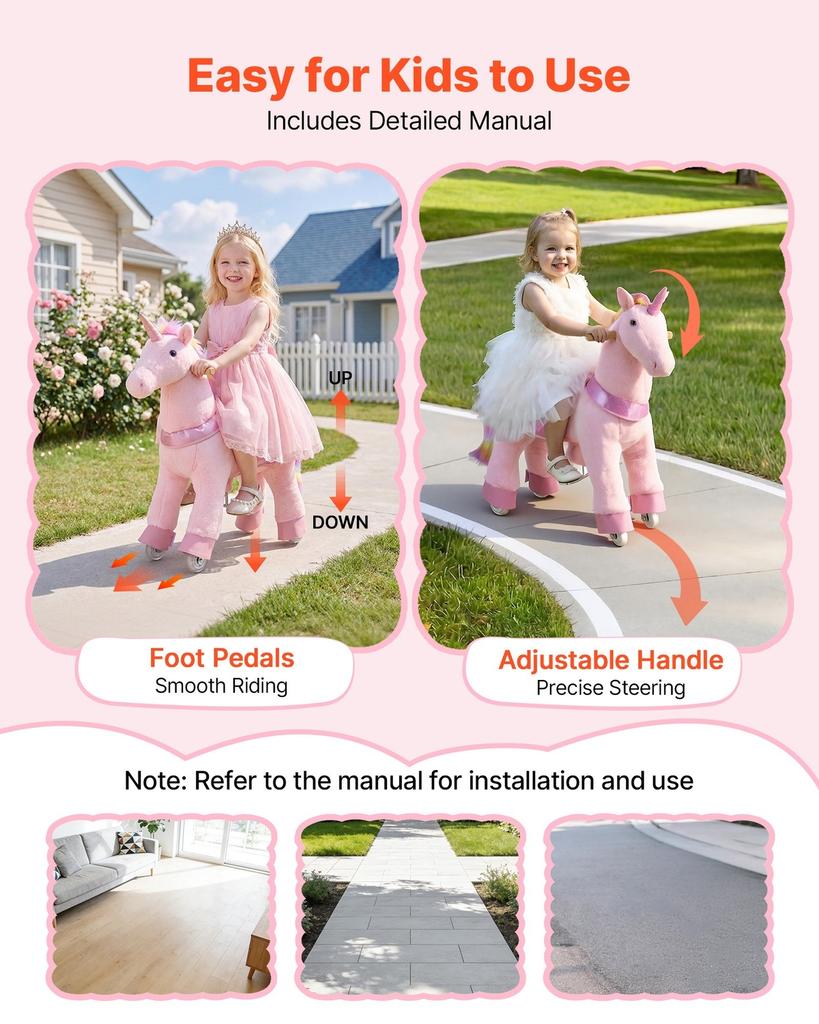Ride On Horse, Riding Pink Unicorn Toys for Kids, No Battery Required, Smooth Wheels with Anti-Roll Stop Ring, Upgraded Raised Seat, Handles, Pedals,