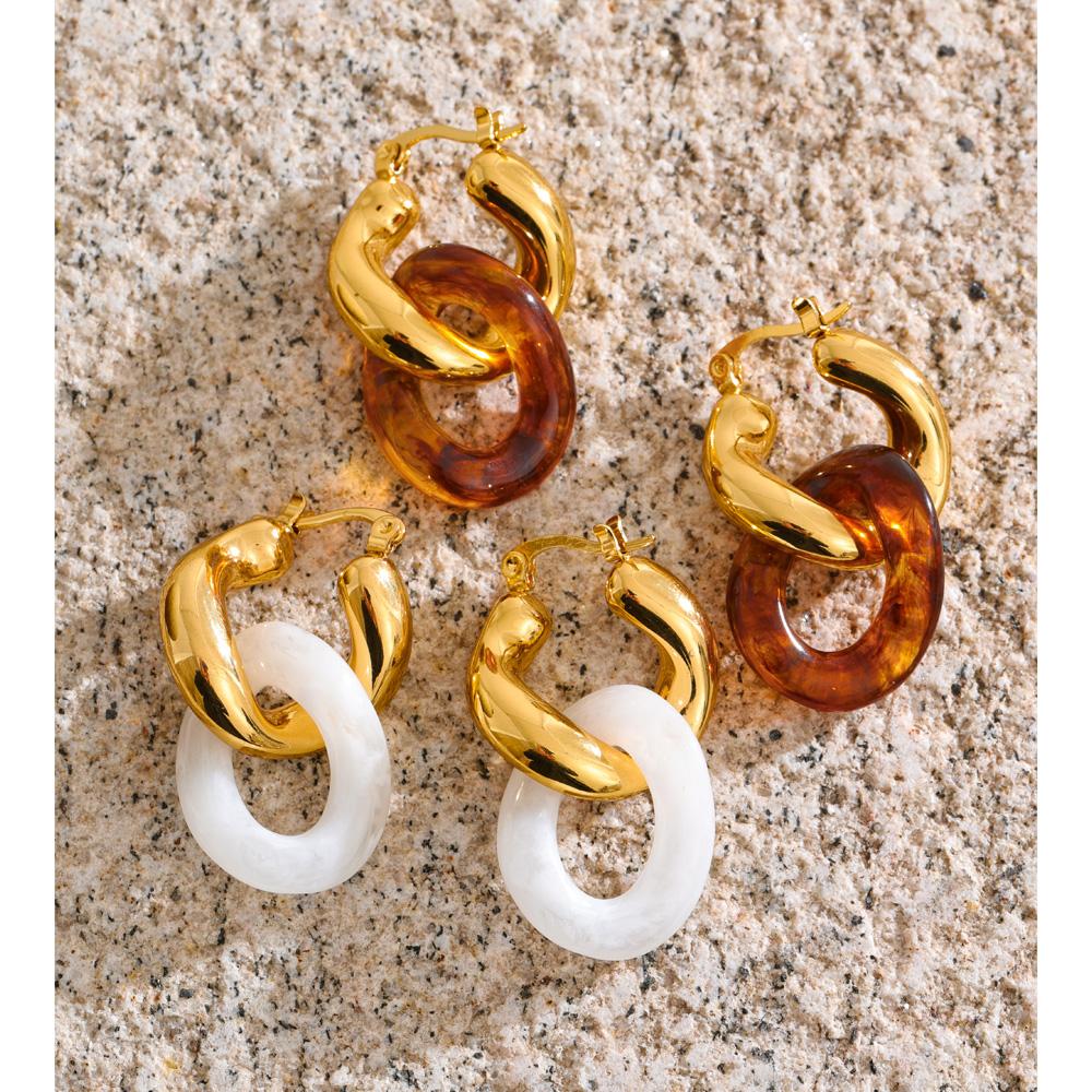 Yhpup White Amber Resin Acrylic Round Twisted Drop Hoop Earrings for Women Stainless Steel Fashion Daily Waterproof Jewelry