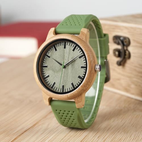 BOBO BIRD Bamboo Watch B06 with Green Silicone Band and Green Dial, Sony Japan Quartz Movement, for Men and Women
