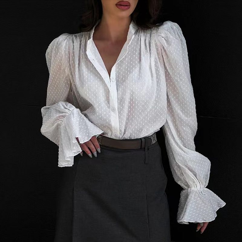 

New French style Temperament Fashion Jacquard Chiffon Shirts Puff sleeve Top Jacquard Chiffon Shirt White S