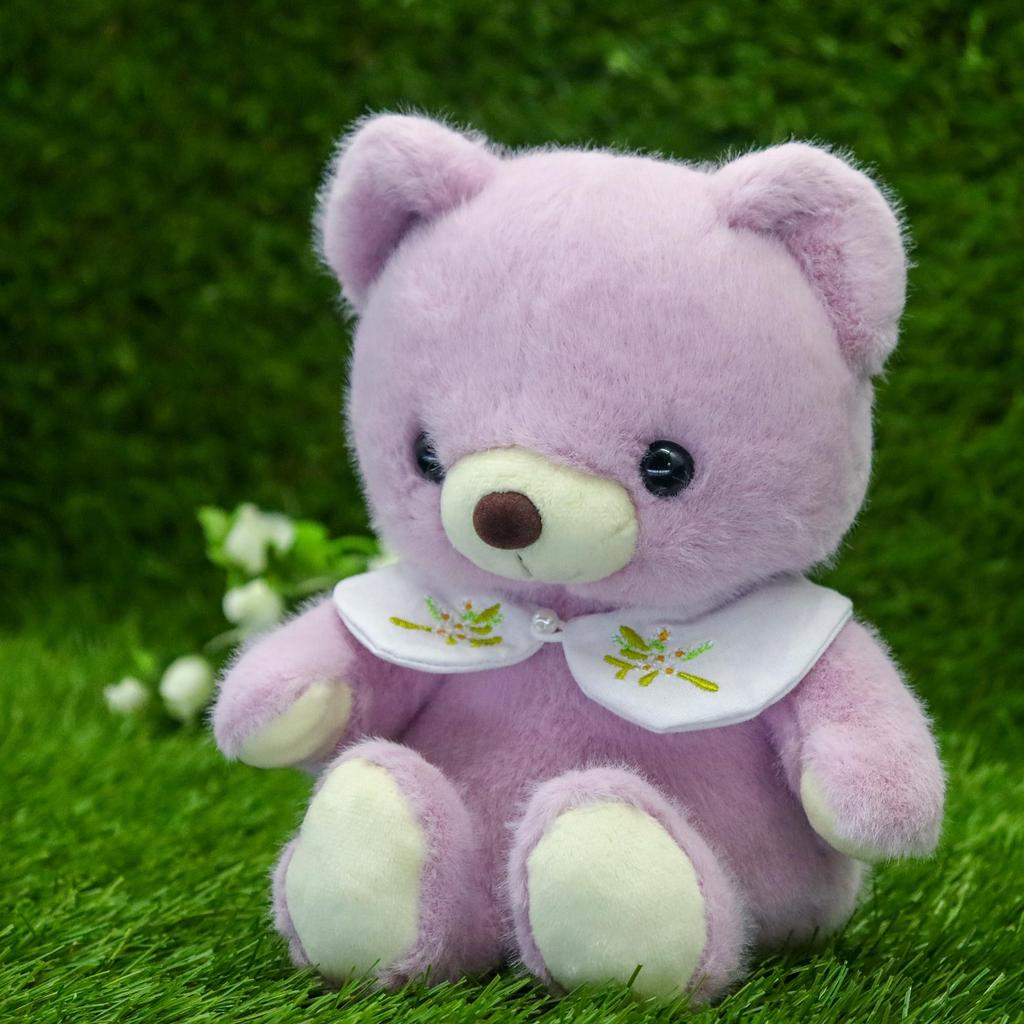 Take Off Baby Bear Drop Retro Pastel Colored Bear with Cute Flower Embroidery On Collar Plush Toy S Purple [Music Box Included]