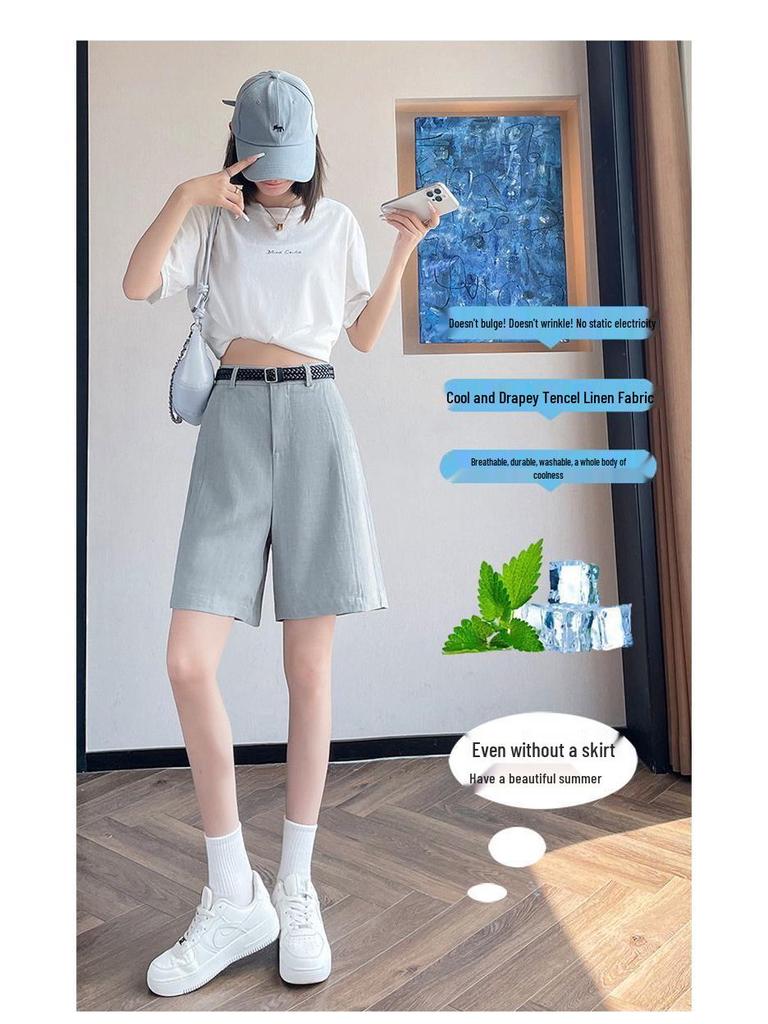 High-Waisted Tencel Linen Wide-Leg Shorts - Casual A-line Summer Style for Women