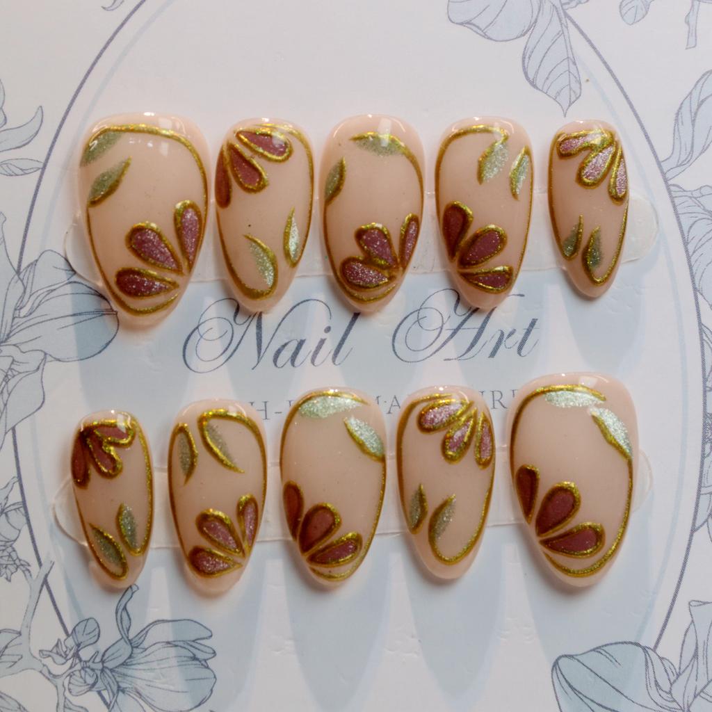 10Pcs 3D Beautiful Handmade Manicure Press On Nails, Acrylic Fake Handpainted Flowers Custom Design Adhesive Nail File Set
