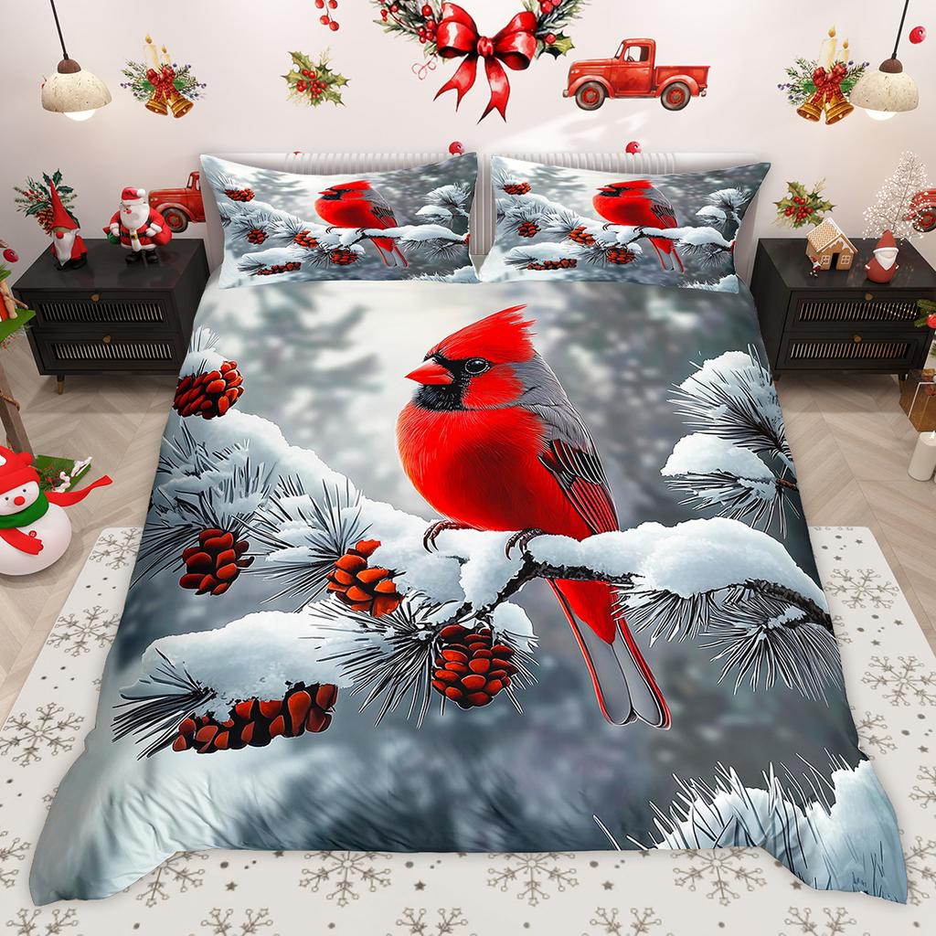 Homewish Wild Cardinal Bird Duvet Cover Set Merry Christmas Xmas Bed Set Snow Cherry Blossoms Quilt Cover Set