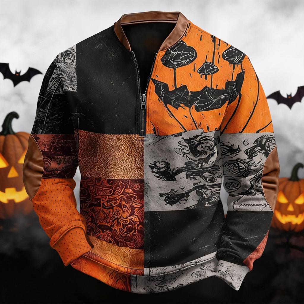 Men's Casual Retro Half Zip Long Sleeve Sweatshirt with Halloween Print