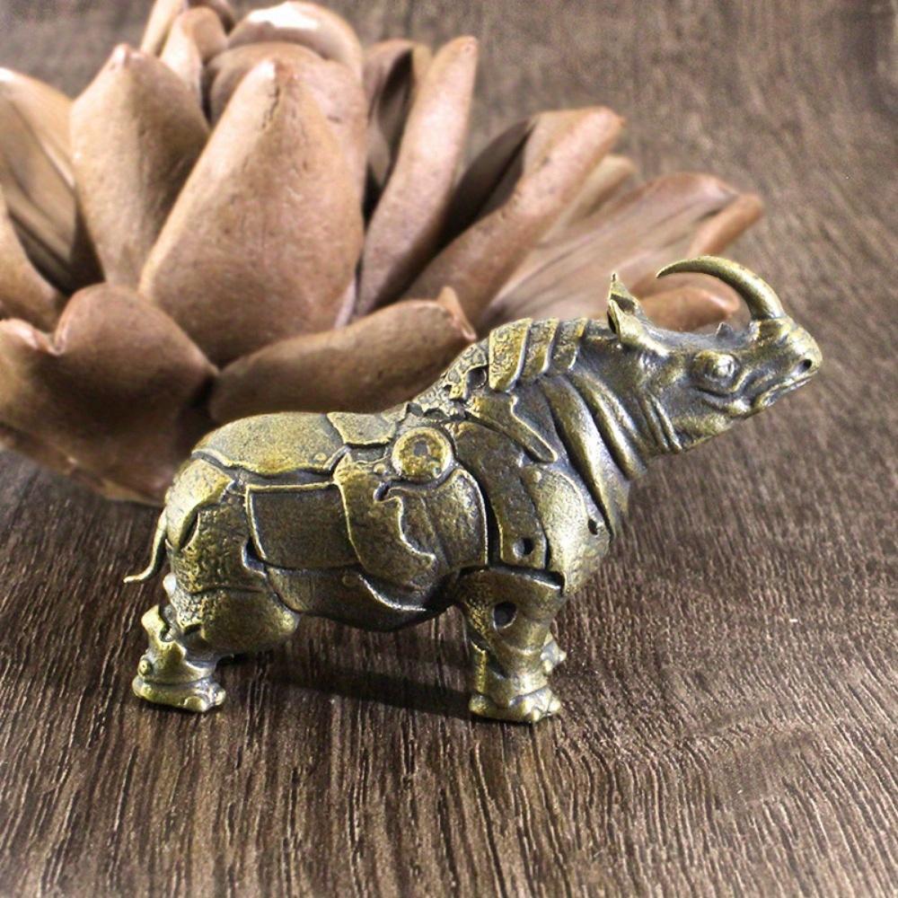 1pc Brass Do Old Solid Rhinoceros Sculpture Desktop Study Car Office Animal Decoration Creative Small Ornaments Car Decoration