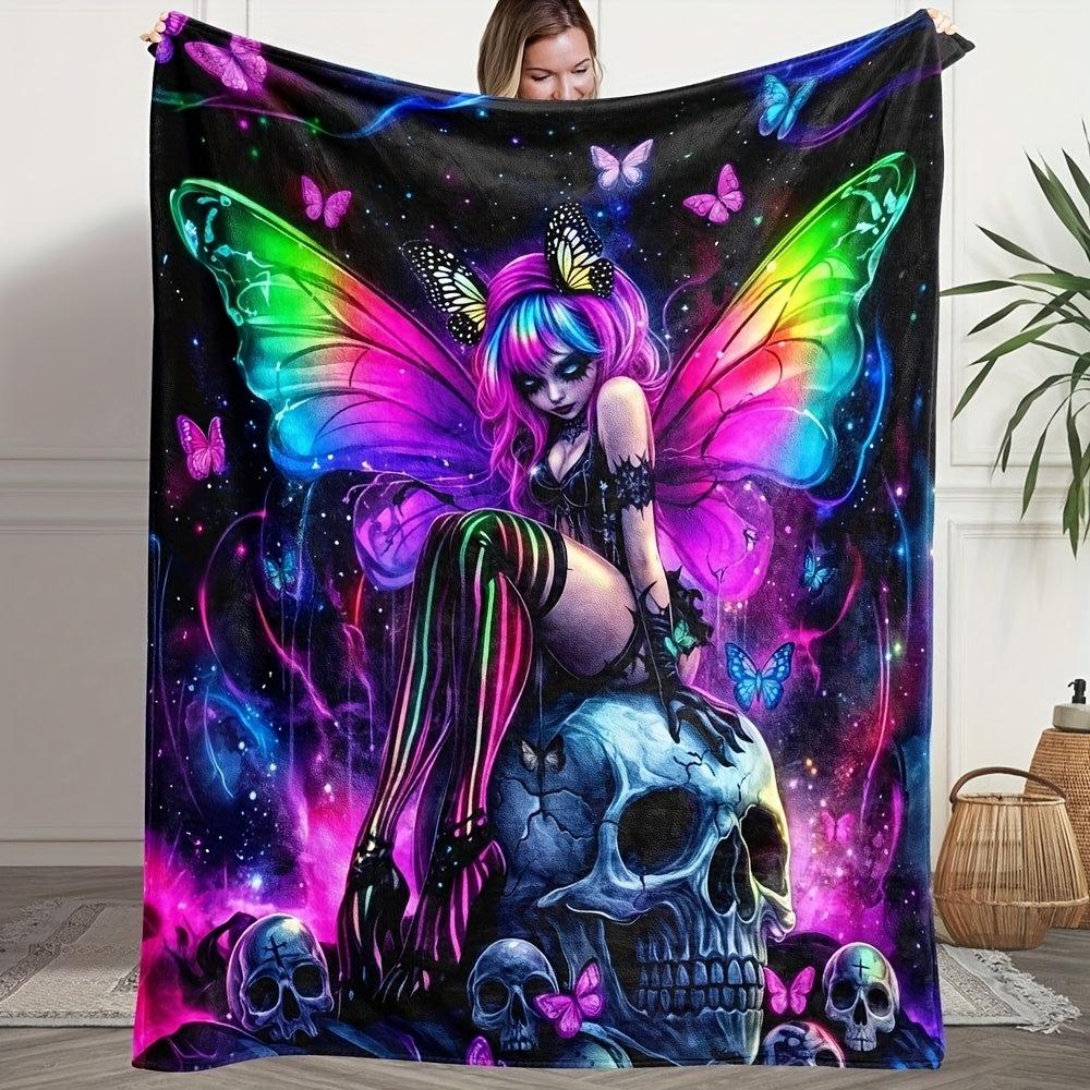 1pc Fluffy Blanket, Fantasy Butterfly Queen, Skull Print Throw Blanket, Fantasy Boho Comfortable Soft Bedding Bed Blanket, King Queen Style 130x150cm