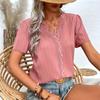 Ladies V-Neck Jacquard Bubble Sleeve Lace Short Sleeve Solid Colour Shirt