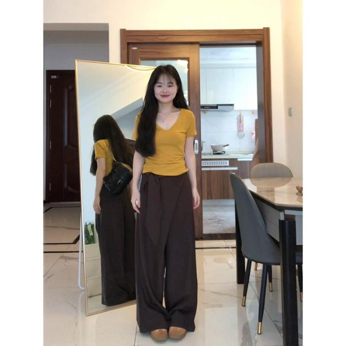 

Summer shoulder V-neck short-sleeved T-shirt women s slim-fit Korean version shirt half-sleeved top S жёлтый