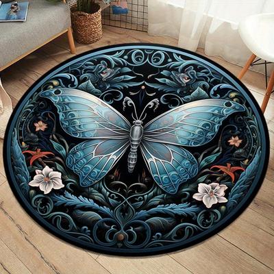 1pc Round Polyester Butterfly Rug - Non-Slip 3D Vintage Blue Art Deco Style Area Rug for Living Room, Bedroom - Crystal Velvet