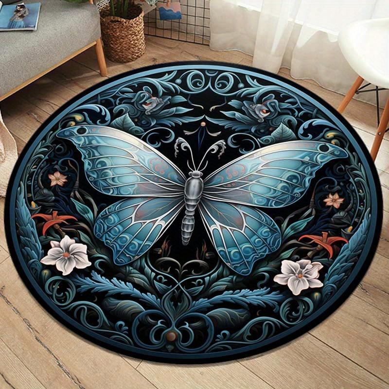 

1pc Round Polyester Butterfly Rug - Non-Slip 3D Vintage Blue Art Deco Style Area Rug for Living Room, Bedroom - Crystal Velvet 80cm
