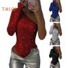 Women Sexy Sequin Bodysuit Long Sleeve One Shoulder Tube Top Jumpsuit Ladies Skinny One Piece Romper Playsuit for Parties Clubs Bars