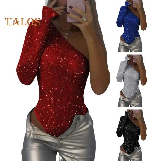 Women Sexy Sequin Bodysuit Long Sleeve One Shoulder Tube Top Jumpsuit Ladies Skinny One Piece Romper Playsuit for Parties Clubs Bars