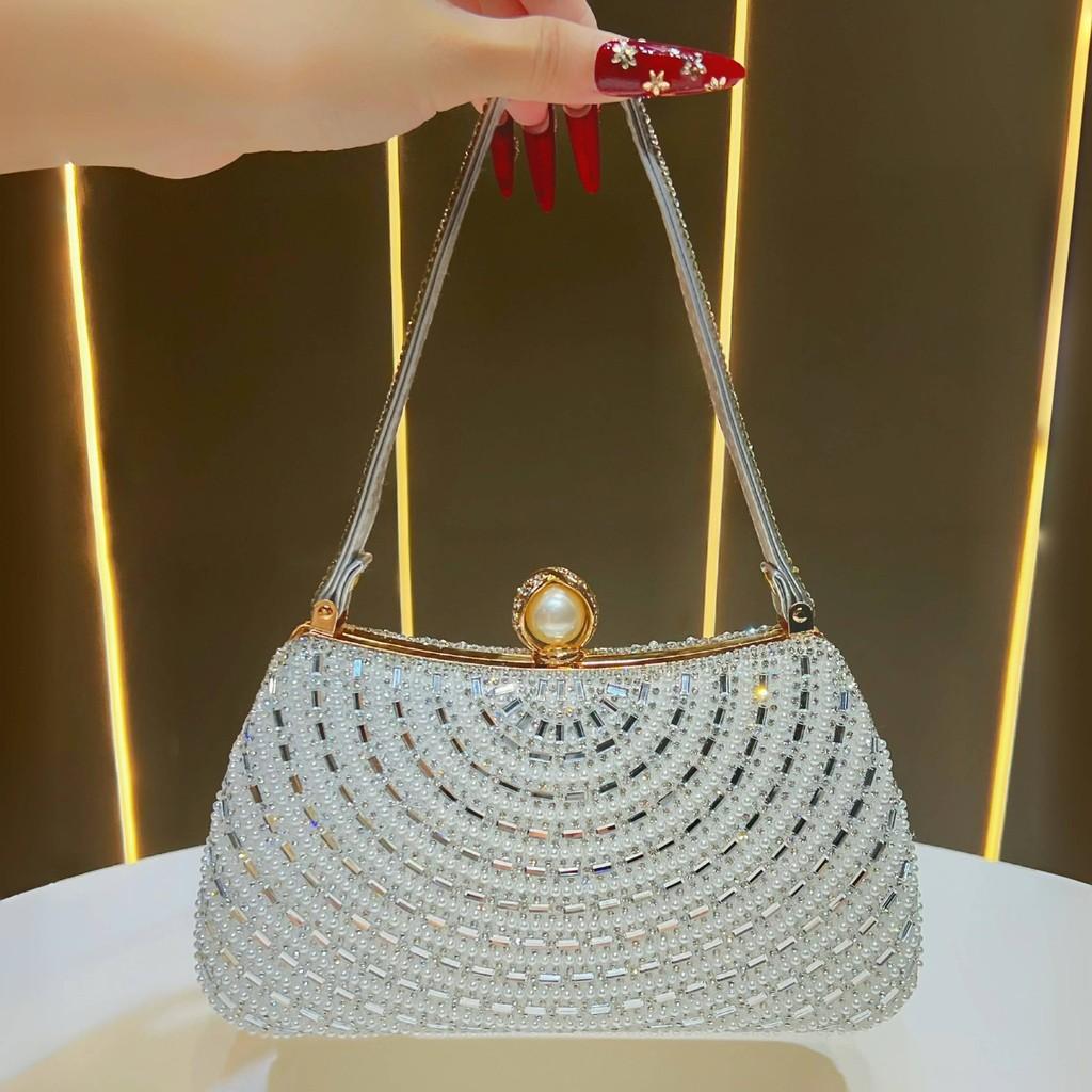 Lux Pearl Embellished Clutch Bag With Lock For Evening Events