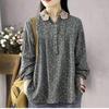 Vintage Floral Print Cotton Linen Blouse for Women Asian Size Long Sleeve Top Casual Lace Patchwork Collar Artistic Autumn Button Shirt