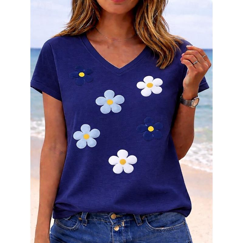 Women's Plants Letter Graphic V Neck T Shirt, Short Sleeve Regular Casual Tops, Daily Multi-color Wear for Spring & Summer