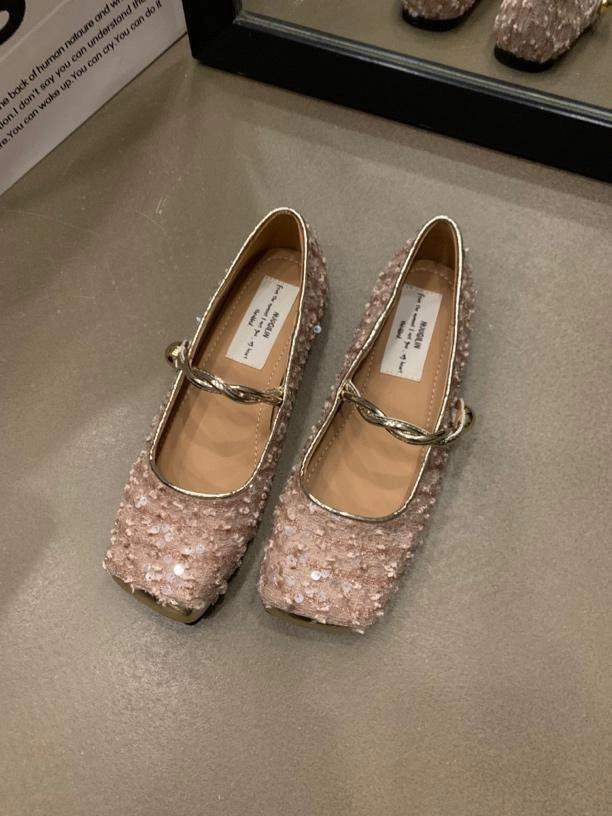 

Туфли Мэри Джейн с пайетками, женская обувь, новинка весны 2025 года, плоская подошва, нишевая, высококачественная, французский темперамент, вечерняя обувь 39 розовый