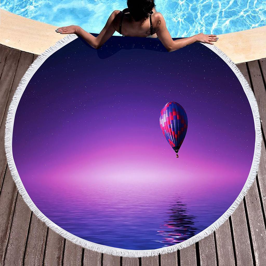 Romantic Round Beach Blanket,Hot Air Balloon Print Beach Towel,Anti-Sand Absorbent Quick-drying Pool Towel,Portable Picnic Mat