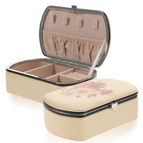 No-brand portable jewelry organizer travel case beige made synthetic material suitable women girls also ideal desktop decoration