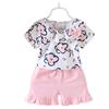 Summer New Girls Short Sleeve Shorts Flowers Two-piece Baby Sweet Suit