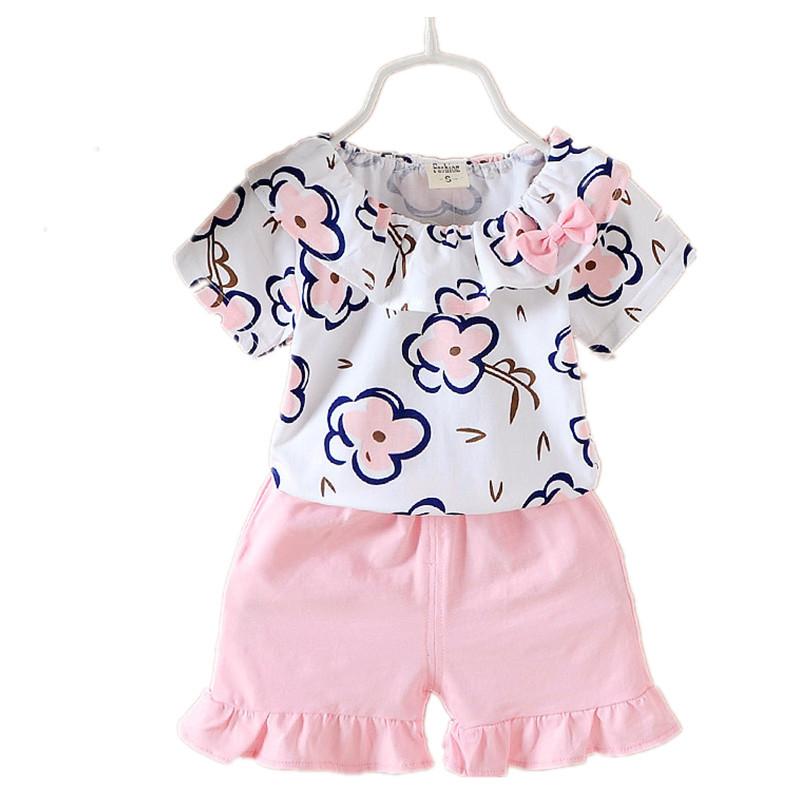 Summer New Girls Short Sleeve Shorts Flowers Two-piece Baby Sweet Suit