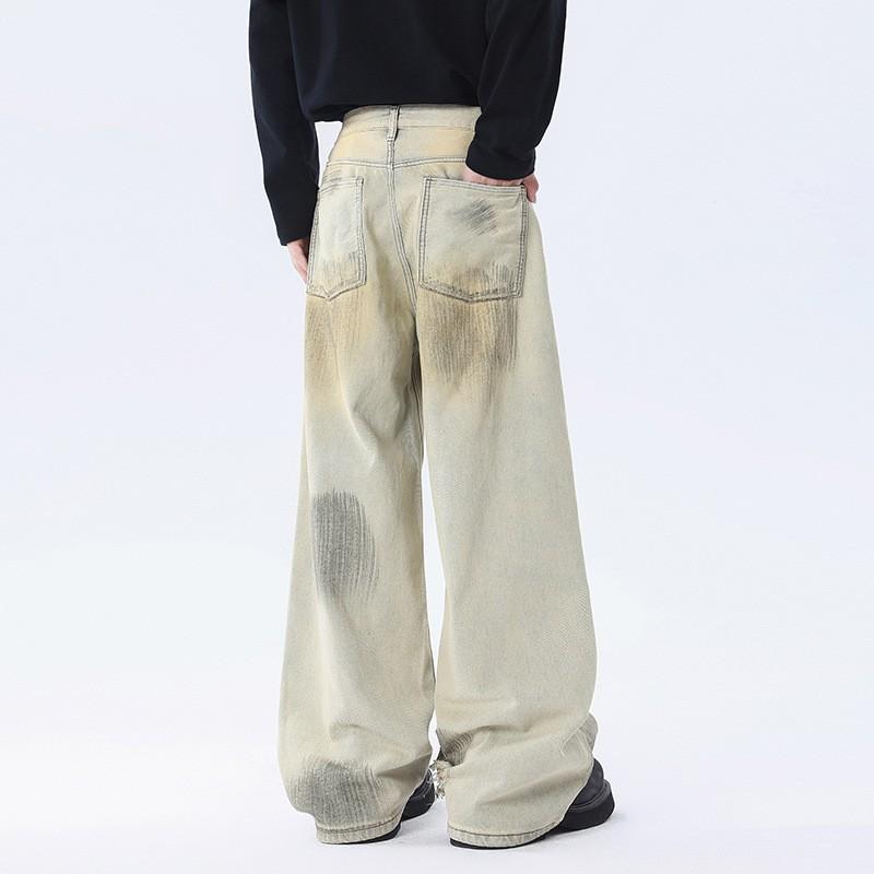 High-Waist Loose Fit Distressed Jeans Men Casual Wide-Leg Denim Pants Vintage Style Plus Size Fall
