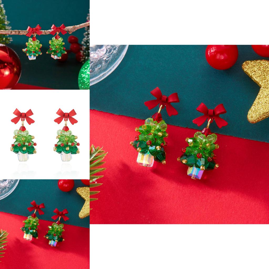 Christmas Jewelry Girls Alloy Red Bow Christmas Tree Earrings With Sparkling Decor For Holiday Fashion
