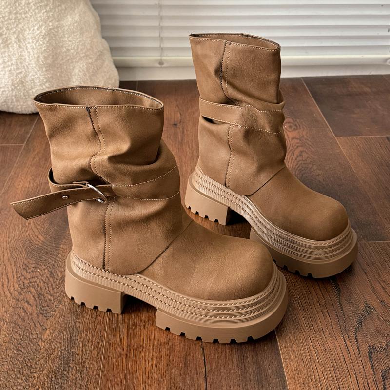 Fashion Thick Bottom Women Western Cowboy Boots Fashion Belt Buckle Autumn Winter Female Slip On Mid Calf Booties