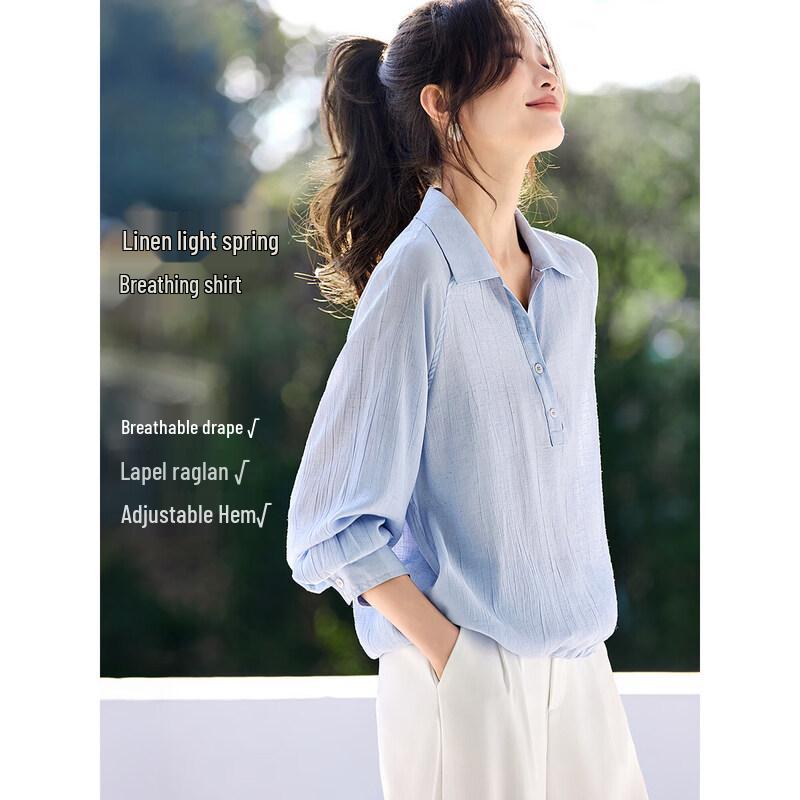 Women s Relaxed Fit Linen Blend Polo Collar Shirt XL