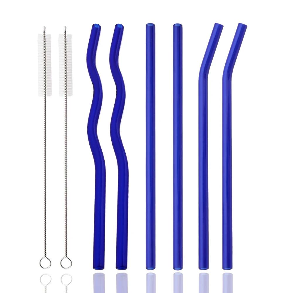 

8 шт. 200*8 мм стеклянные соломинки волнистые розовые набор питьевых соломинок со щеткой высокоборосиликатные стеклянные соломинки кухонная вечеринка барная посуда для напитков темно-синий