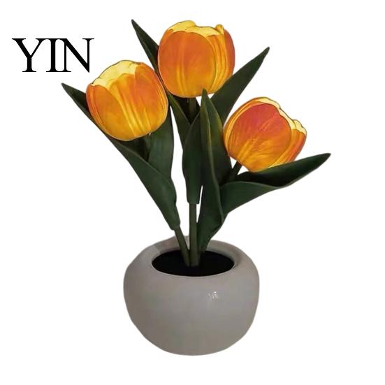 Decorative LED Tulip Lamp Flower Table Lamp, Battery Powered Artificial Night Light with Ceramic Pot, Floral for Bedroom Bedside Home Wedding