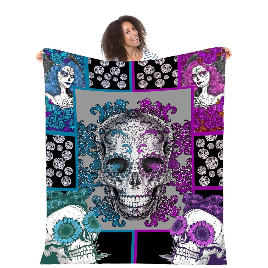 Skull Pattern Flannel Blanket Digital Print Blanket Halloween Gift Bedroom Sofa Decoration