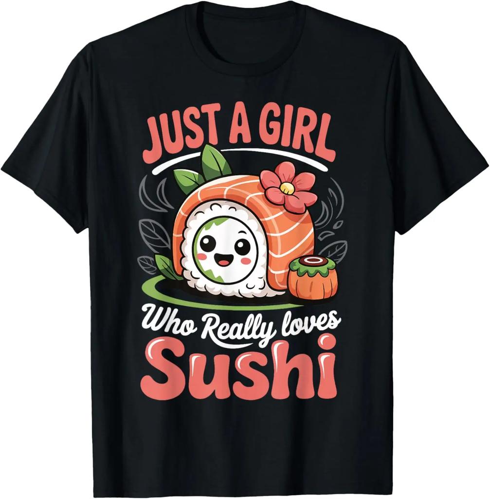 Süßes Sushi-Liebhaber-Mädchen Grafik-T-Shirt Lustiges Kawaii-Essen Baumwolle Rundhals-T-Shirt