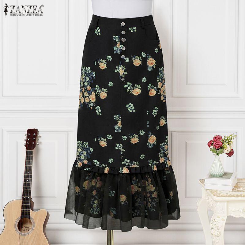 ZANZEA Womens Casual Floral Print Mesh Splice Hem Summer Midi Skirts
