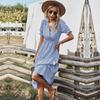 Women Summer Casual V Neck Striped Short Sleeve Button Dress Medium Long With Tassel
