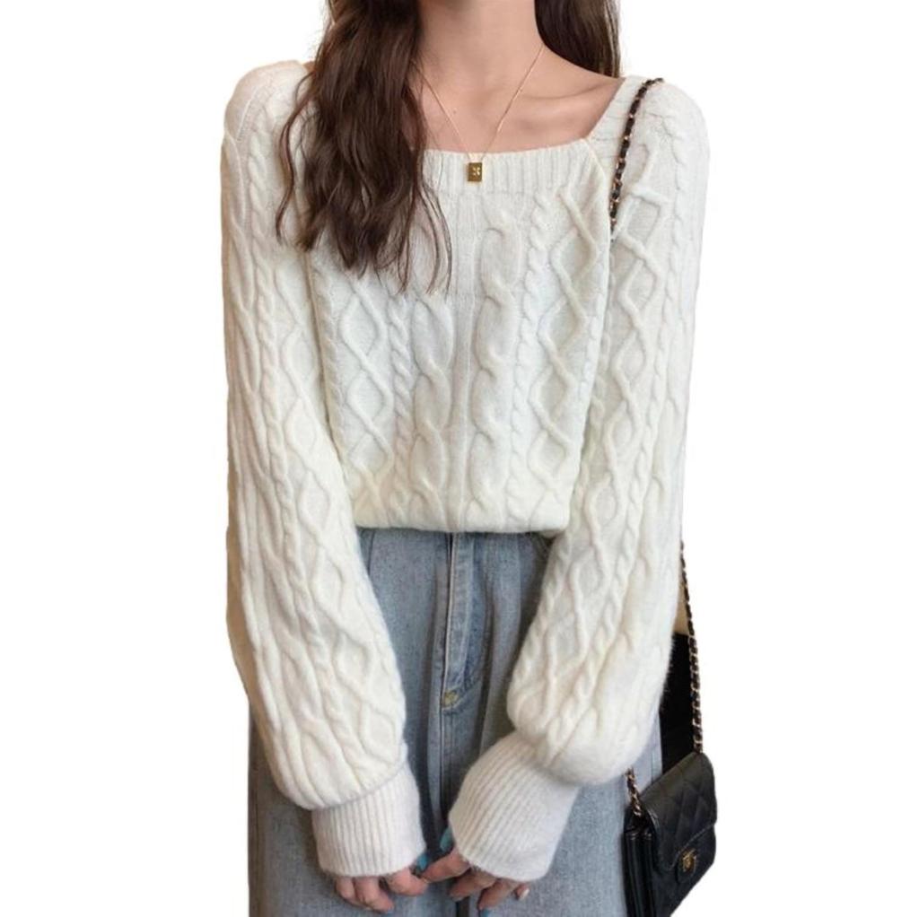 Cable Knit Pullover Sweater with Square Puff and Short Ivory J-Scott Women's Neck, Sleeves, Length, (JS125-IV-S)