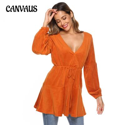Women's Crossover V-Neck Tie Plush Long Sleeve Top