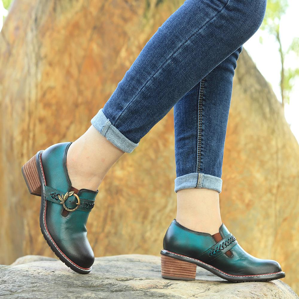Johnature Zapatos de tacón de cuero genuino para mujer, zapatos de primavera Retro con punta redonda, Color sólido, hechos a mano, zapatos de ocio Silp-on