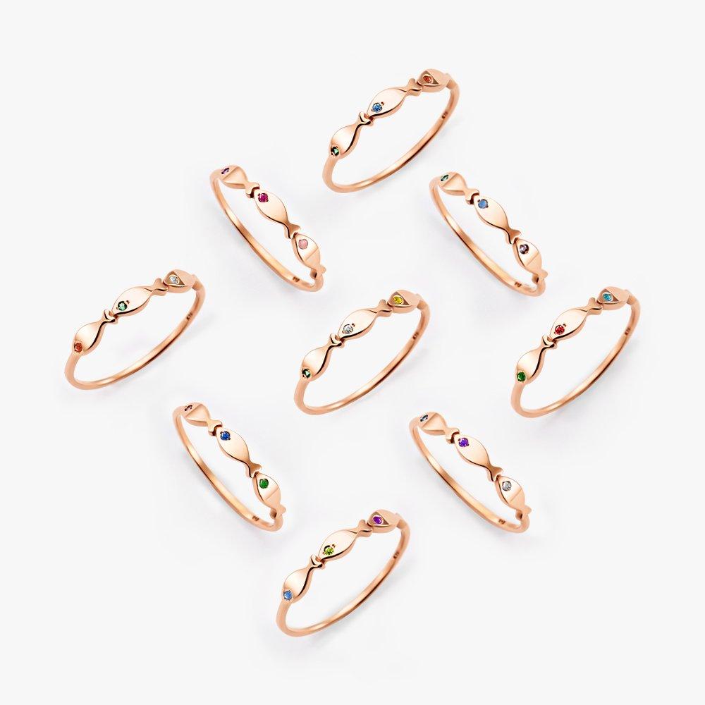 [Bnbgold] `My One and Only Lucky Ring` 14K/18K Three Fish 3-Cubic Birthstone Custom Ring