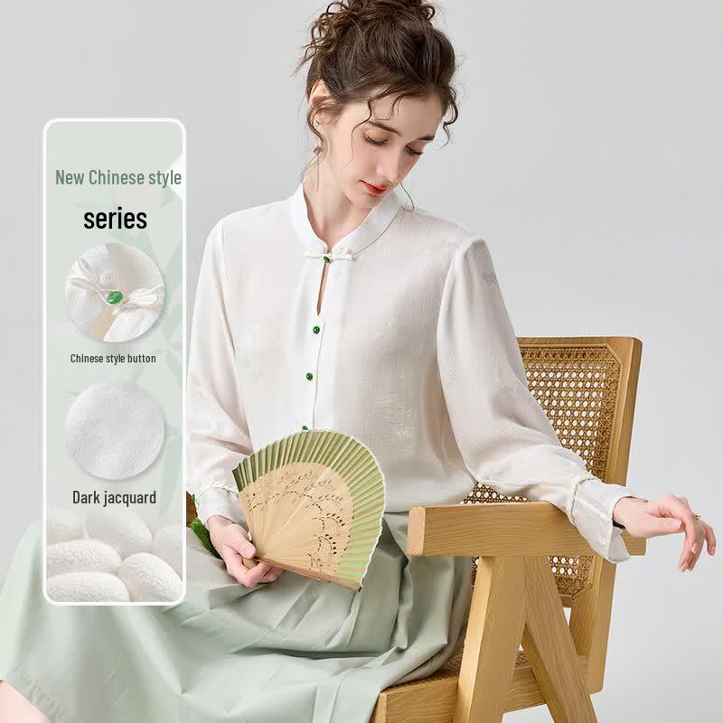 Snowforte Women s 100% Mulberry Silk New Chinese Style Jacquard Shirt L