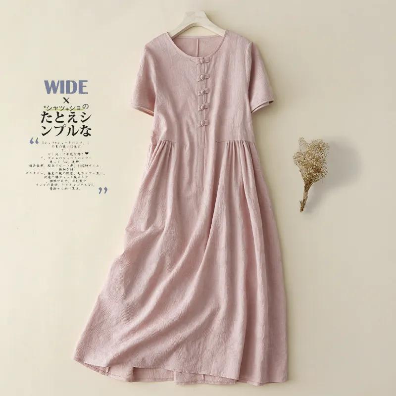 Womens Cotton Linen Dress Short Sleeve Round Neck Midi Dress