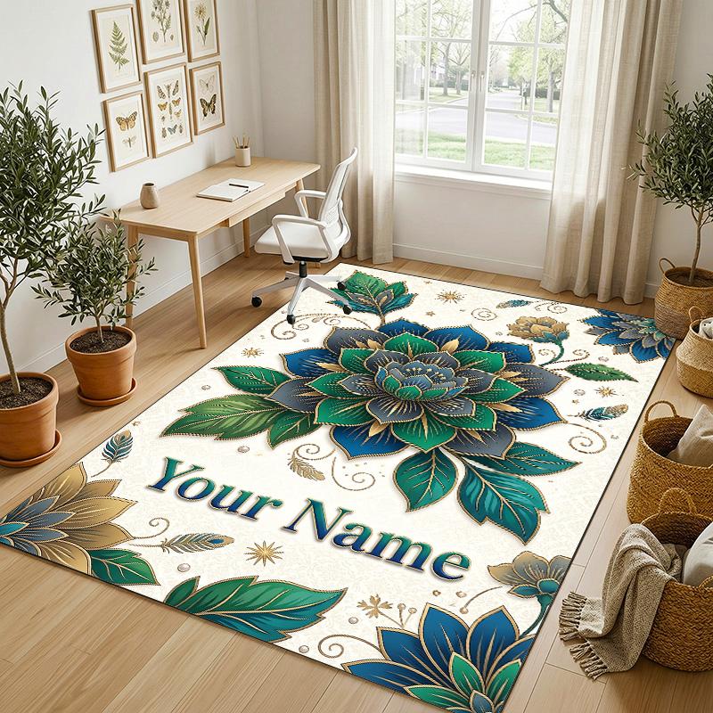 Floral Art Card Theme Soft Crystal Velvet Rug Custom Name & Text Print Non Slip Floor Rug for Bedroom Living Room