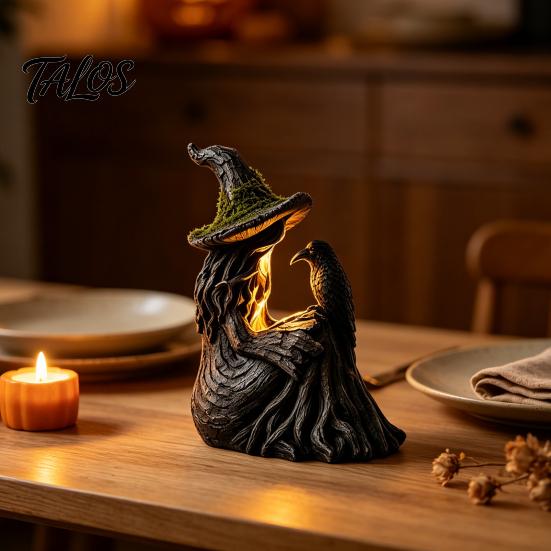 Decorative Pieces for Windowsill Luminous Witch & Raven Figurine with Mossy Tree Texture, Resin Gothic Dark Aesthetic Room Accessories Statue