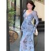 Spring temperament V-neck blue printed long-sleeved celebrity sexy dress casual design show figure fishtail dress