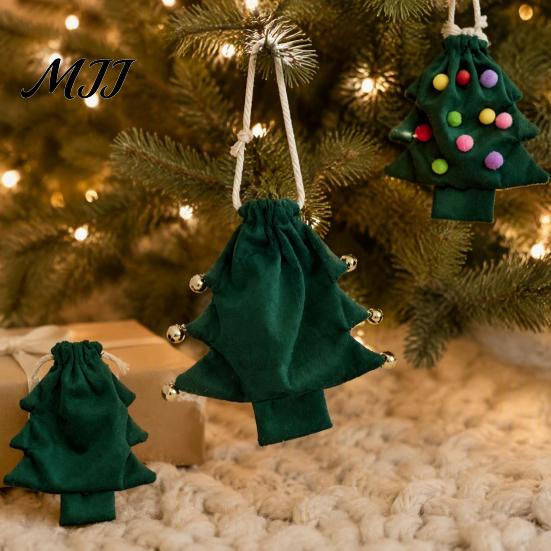 Fabric Storage Bags for Gifts Christmas Tree Shaped Gift Bag, Reusable Drawstring Treat Goody with Pompoms Pom Bell Hanging Ornaments Bells,