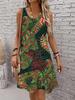 Tropical Print Dress Women's Summer Round-Neck Dress Travel-Friendly Fashionable Casual Resort-Style Beach Dress