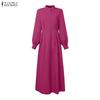 ZANZEA Elegant Women Stand Neck Puff Sleeve Buttons Slim Waist Casual Loose Long Pleated Dress