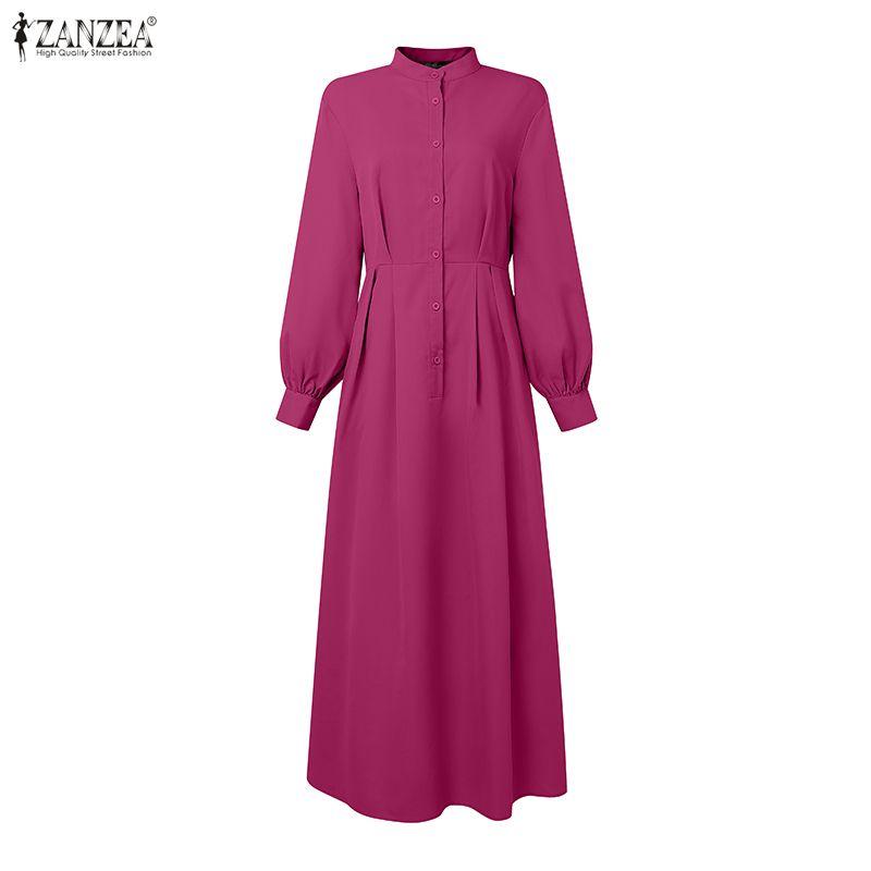 ZANZEA Elegant Women Stand Neck Puff Sleeve Buttons Slim Waist Casual Loose Long Pleated Dress