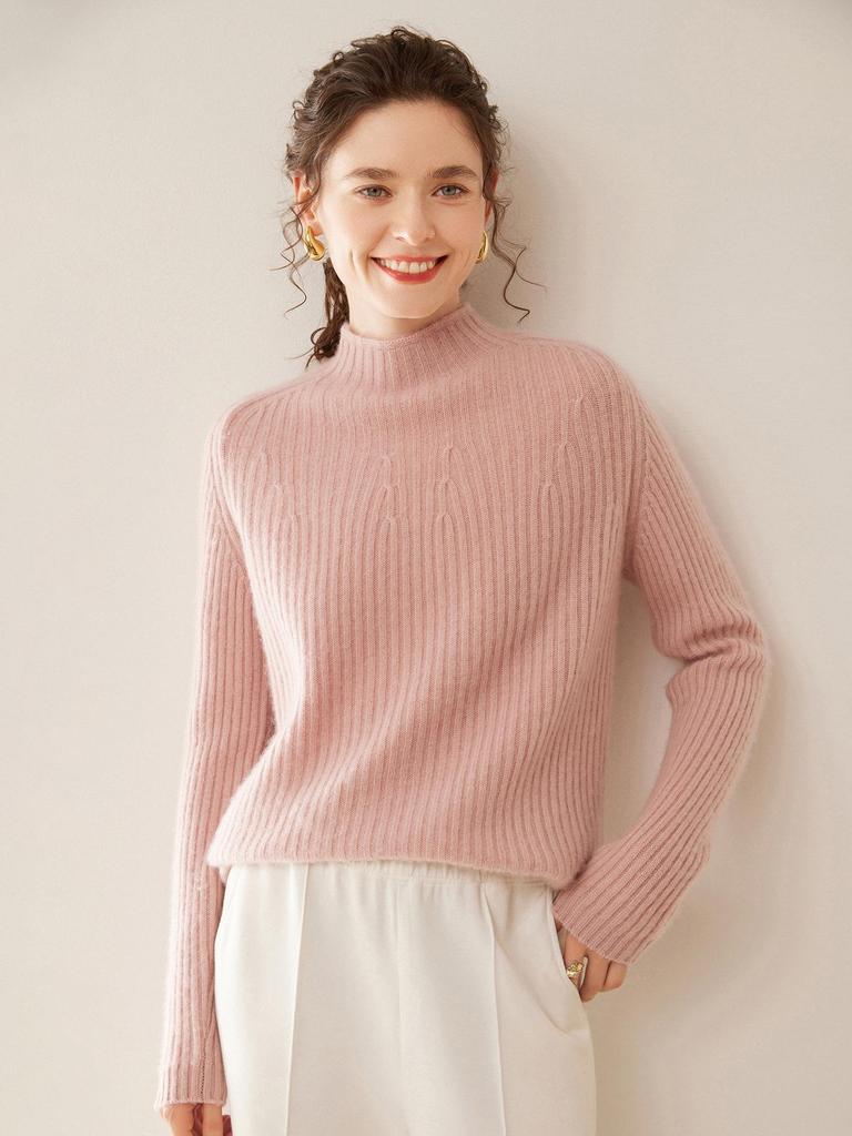 Women's Slim-Fit Ribbed Cashmere Sweater - Half-High Neck Knit Top for Autumn and Winter
