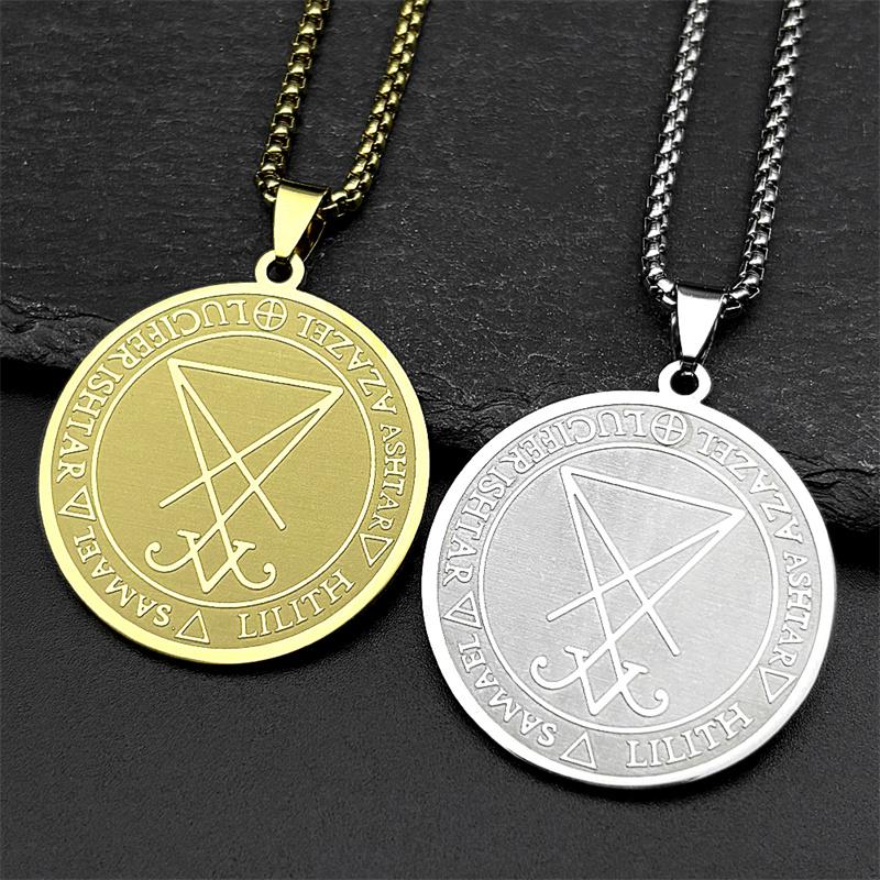 Sigil Church of Satan Stainless Steel Necklace for Women Men Seal of Lucifer Azazel Lilith Samael Devil Symbol Chain Jewelry